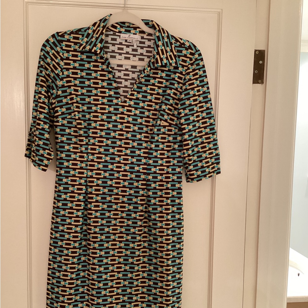 Jude Connally tunic v-neck dress in turquoise, yellow & brown.  Size small.